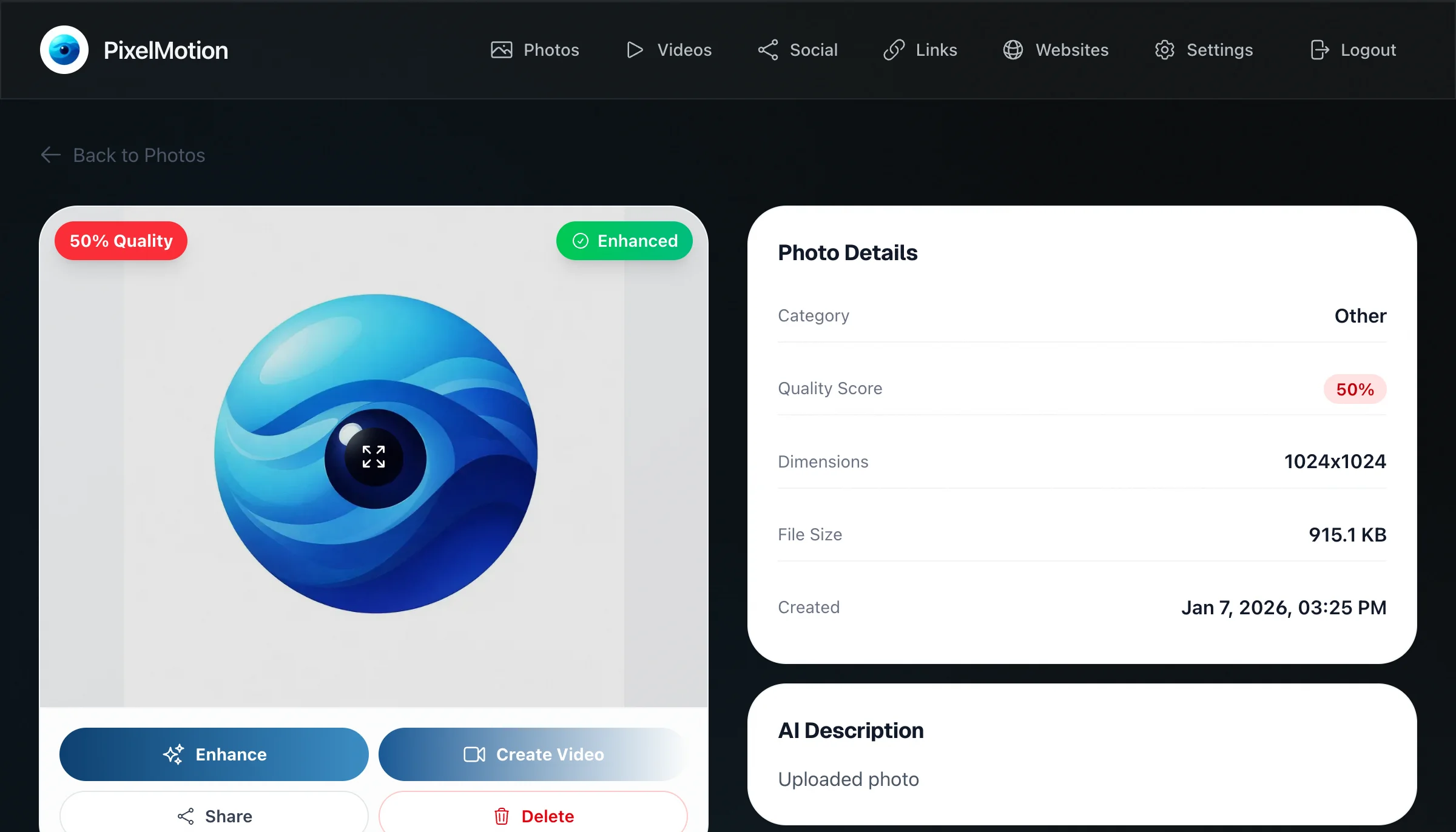 Photo Detail - AI analysis and enhancement options