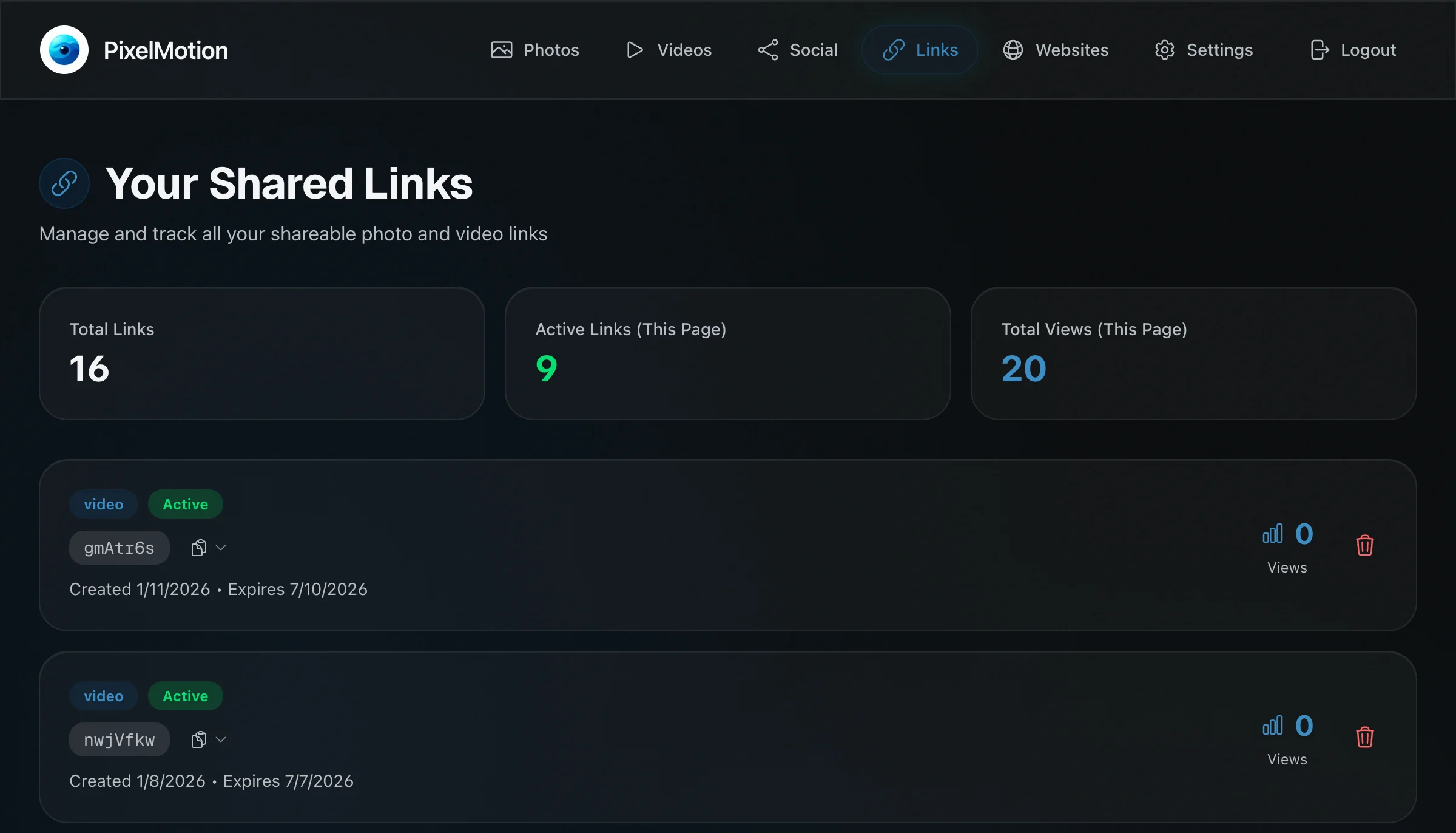 Shared Links Dashboard - Manage and track all shared content